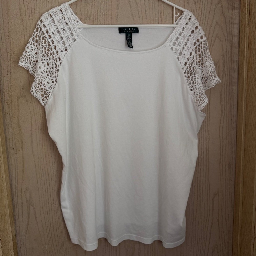 Lauren Ralph Lauren White Crochet Lace Slv Top 3X Boho Cottage Feminine Romantic